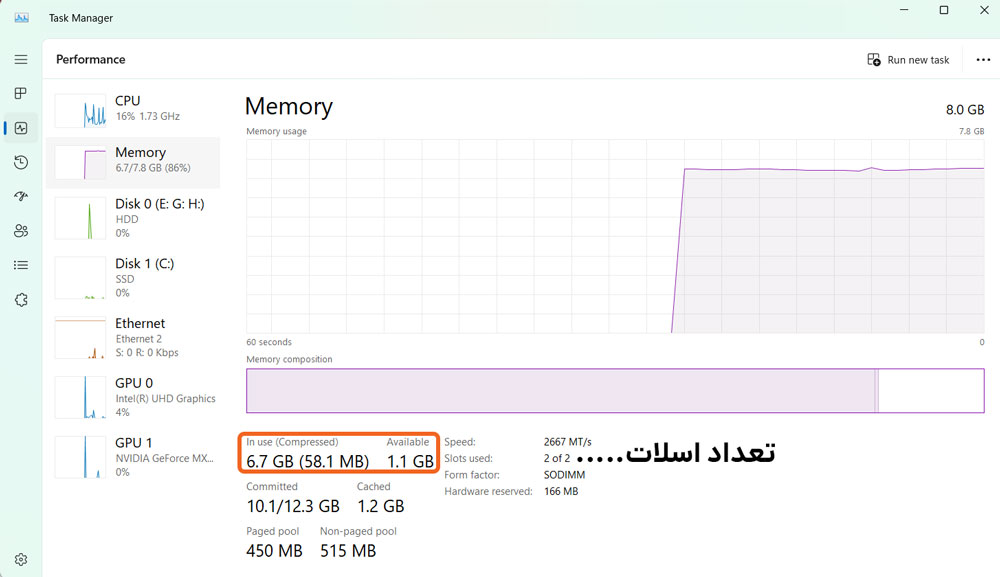 تشخیص میزان مصرف مموری در Task Manager