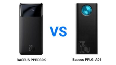 مقایسه پاو‌ربانک باسئوس PPLG-A01 با مدل PPBD30K|توان 20 واتی متعادل در PPBD30K|قدرت 65 واتی در PPLG-A01|طراحی PPBD30K|پورت‌های PPLG-A01