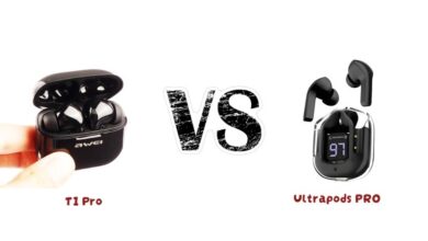 مقایسه هدفون بلوتوثی Ultrapods PR0 و اوی T1 Pro|طراحی Ultrapods PR0||PR0 با کیس شارژ 200 میلی‌آمپر ساعت و عمر 4–5 ساعت در پخش موسیقی/مکالمه