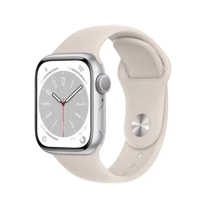 apple watch series 8 رنگ قاب نقره ای و بند starlight