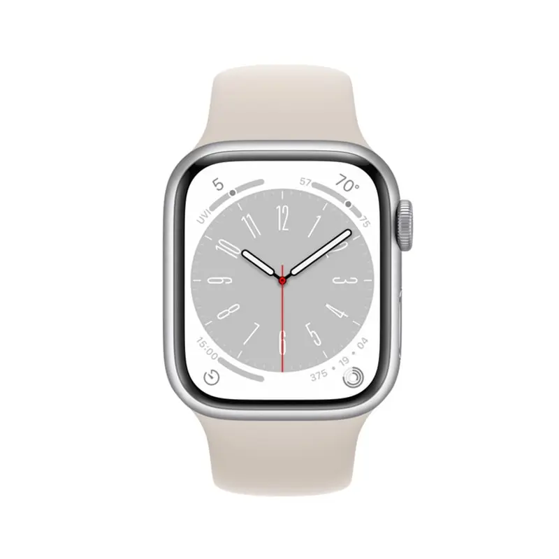 ساعت هوشمند اپل سری 8 قاب آلومینیوم نقره_ای و starlightبند اسپرت سفید