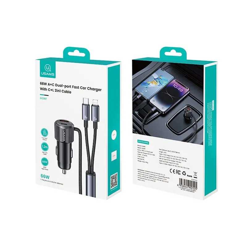 شارژر فندکی یوسمز CC287 A+C Dual-port C+L 2in1 Cable توان 66 وات - 4