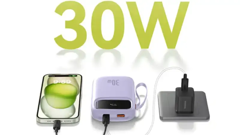 پاوربانک باسئوس مدل Qpow2 DualCable-30w با ظرفیت 10000 میلی‌آمپر ساع