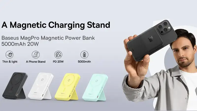 پاور بانک بی سیم مگنتی باسئوس مدل Magnetic Mini Wireless 20w با ظرفیت 5000 میلیآمپر ساعت