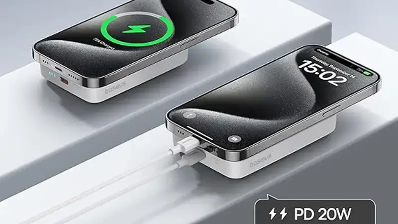 مشخصات پاور بانک بی سیم مگنتی باسئوس مدل Magnetic Mini Wireless 20w با ظرفیت 5000 میلیآمپر ساعت