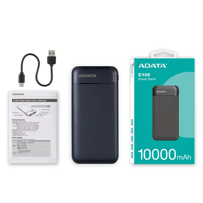 ظرفیت باتری و کارایی شارژ پاوربانک ADATA C100