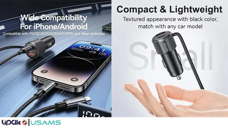 USAMS CC287 A+C Dual-port Car Charger C+L 2in1 Cable 66W