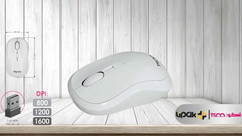 تصویری از ماوس Tsco TM741w روی میز با مشخصات DPI و ابعاد
